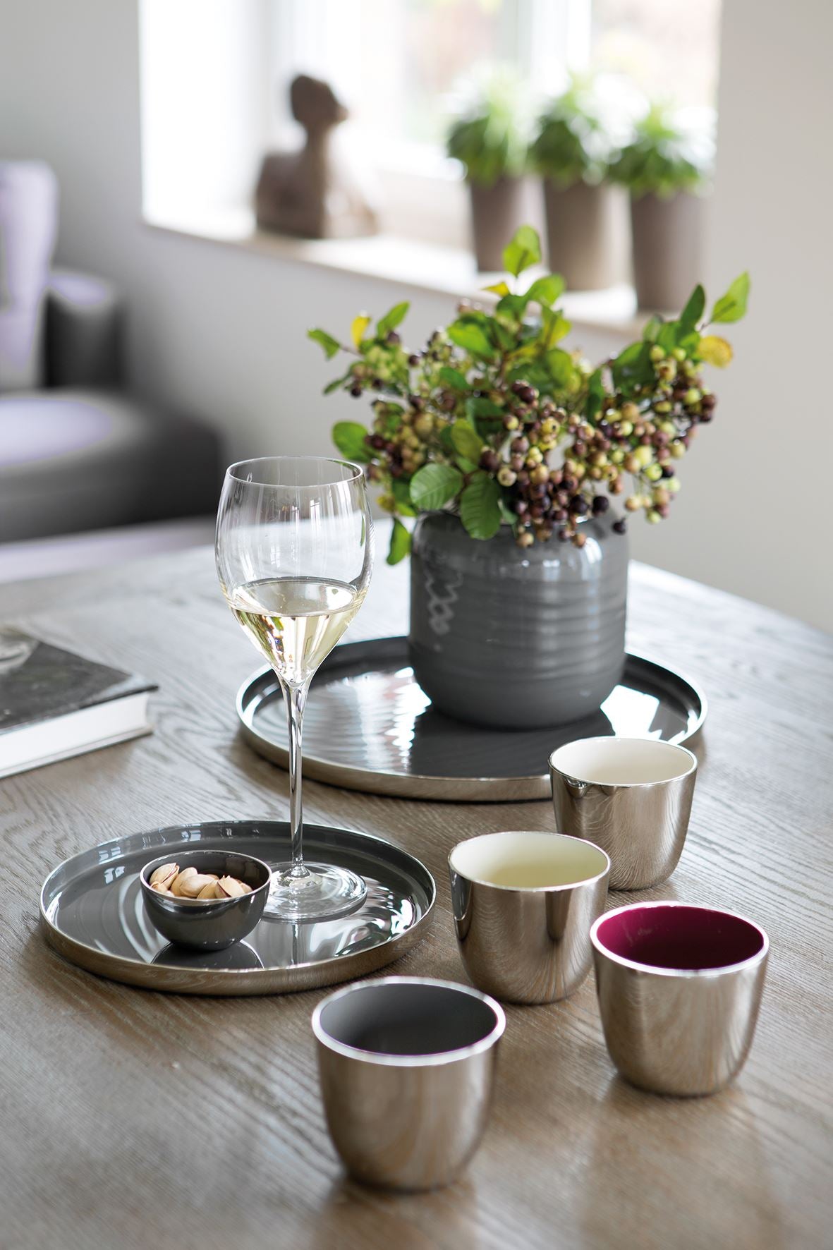 Fink Schale, Teelichthalter Sila beige Aluminium, vernickelt, Emaille Höhe 6,5 cm