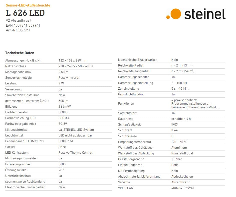 Steinel Außenleuchte L626 LED ANT V2 mit Bewegungsmelder