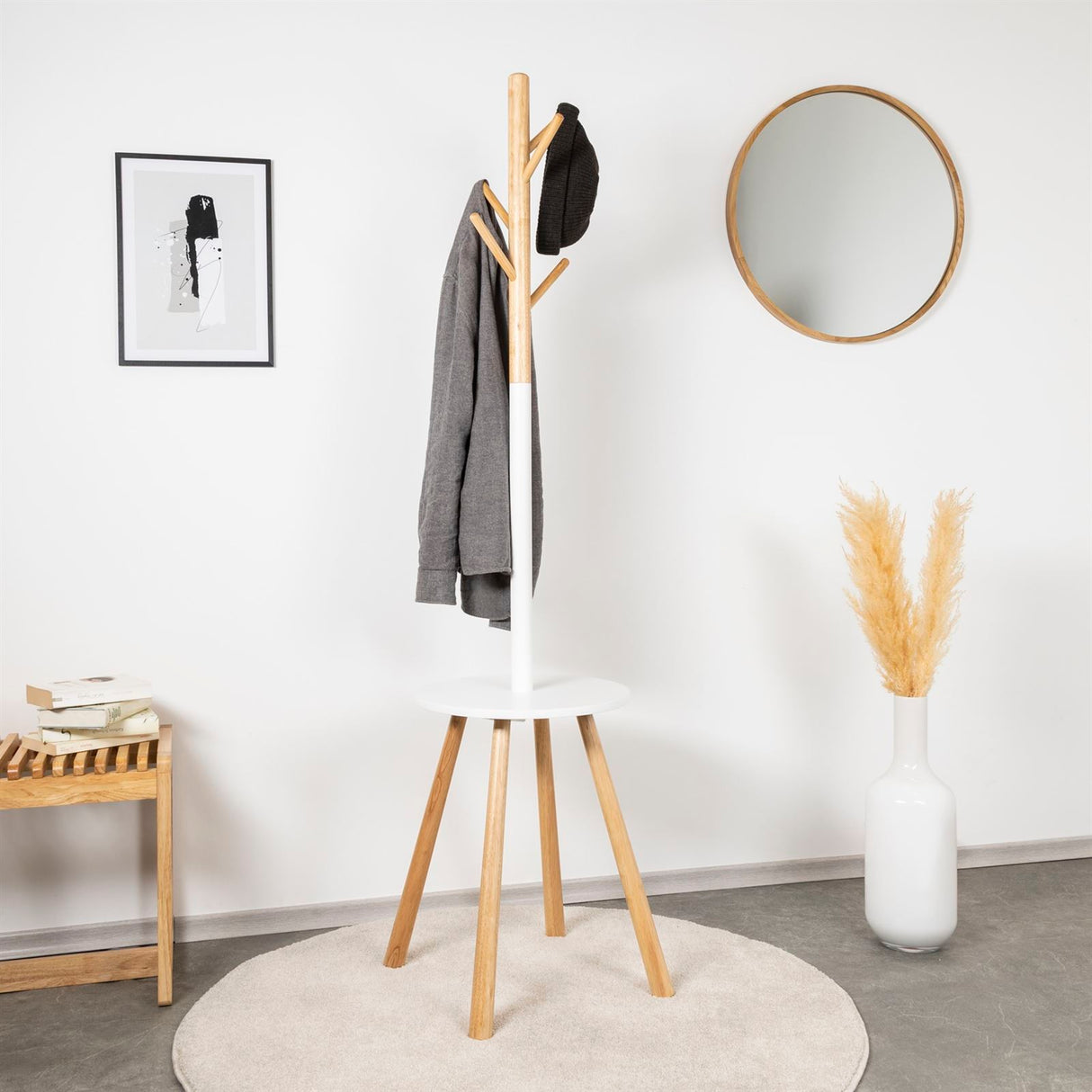 Dala, rund,Kleiderständer, Standgarderobe mit 5 Kleiderhaken Weiß