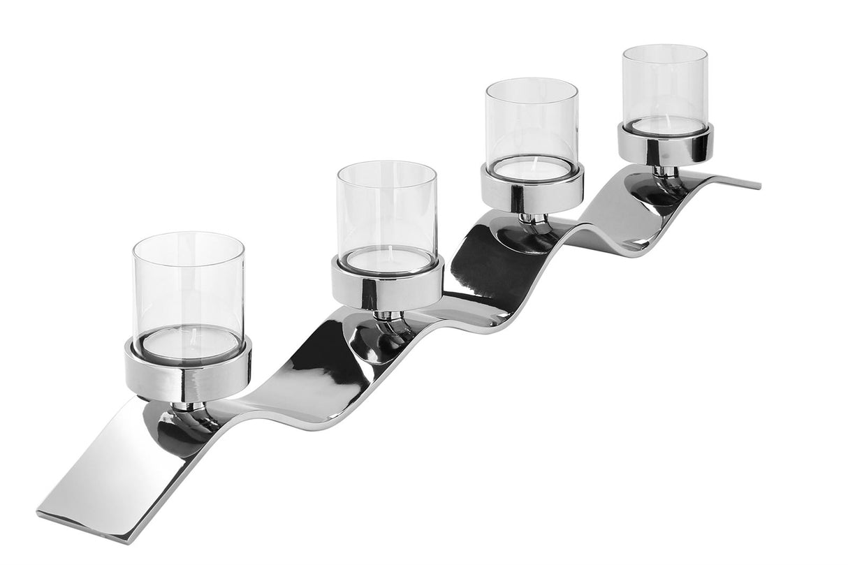 Fink Teelichthalter, 4-flammig Wave silberfarben Aluminium, Glas, vernickelt Höhe 12 cm