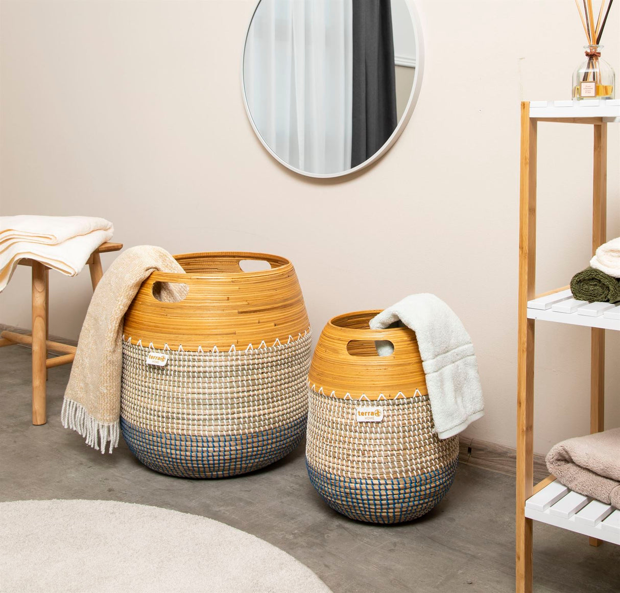 Terra Home Korb Set Seegras Bambus Ø35 und Ø 20 blau weiß natur
