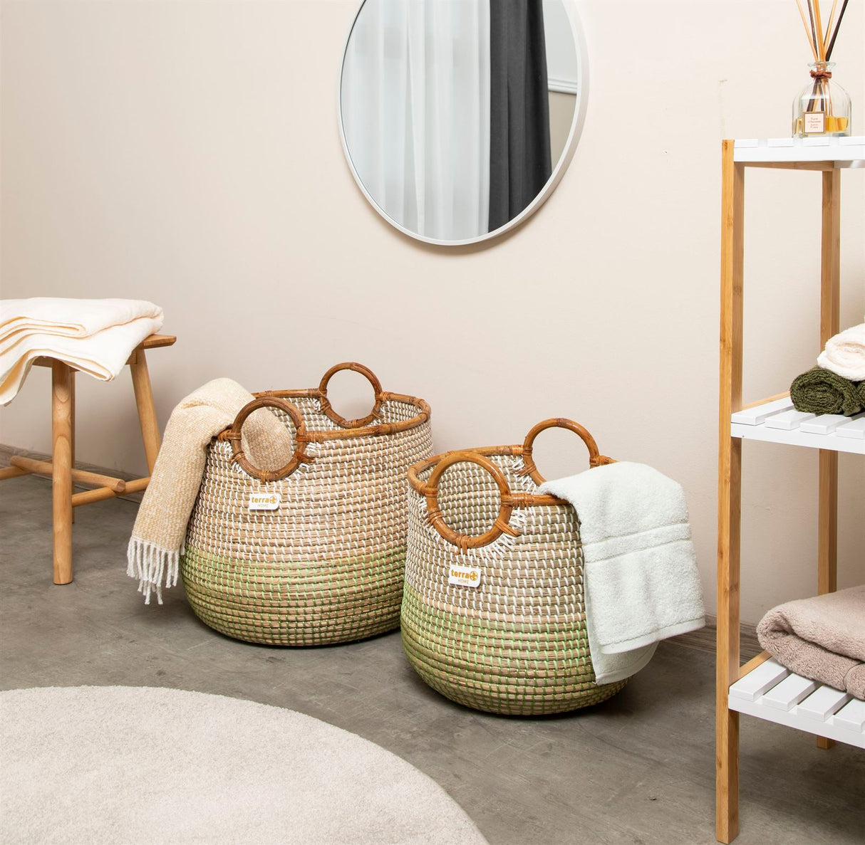 Terra Home Seegras Korbset Rattan Ø42 und Ø 34 grün weiß