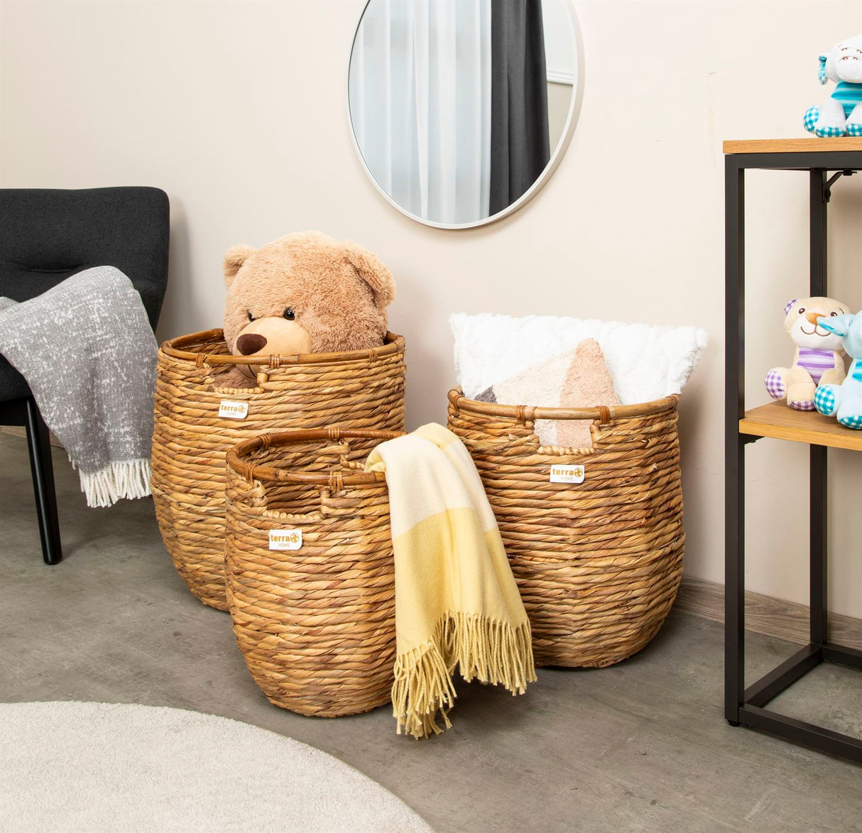 Terra Home Korbset 3 er Set Wasserhyazinthe Rattan Ø45/38,5/33,5 H45/40/35 braun