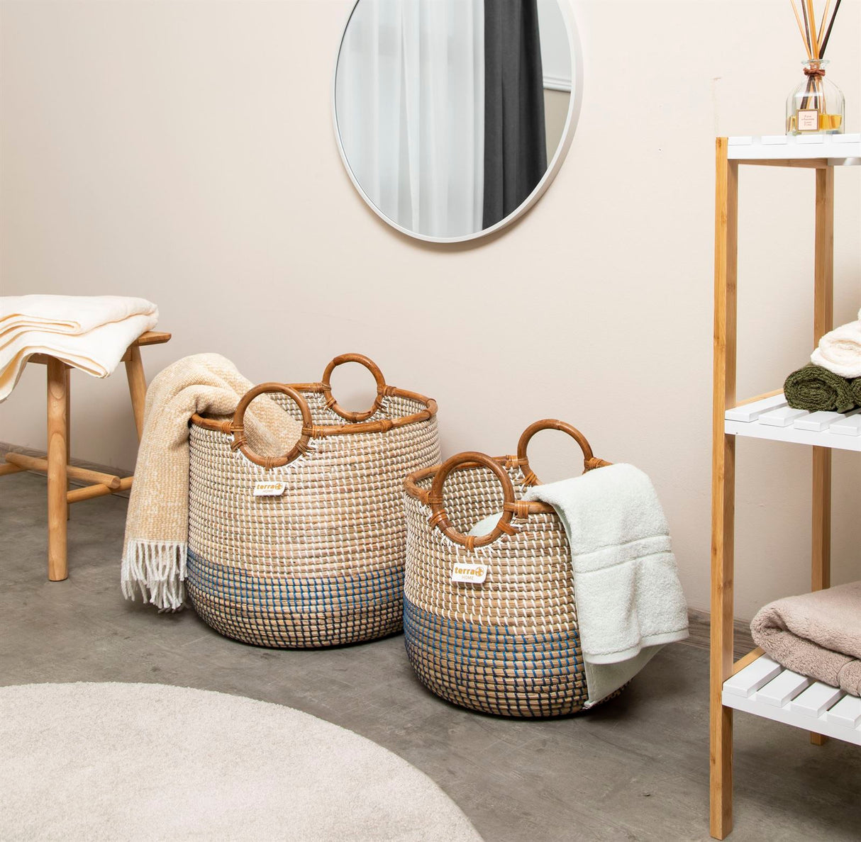Terra Home Seegras Korbset Rattan Ø42 und Ø34 navy blau weiß