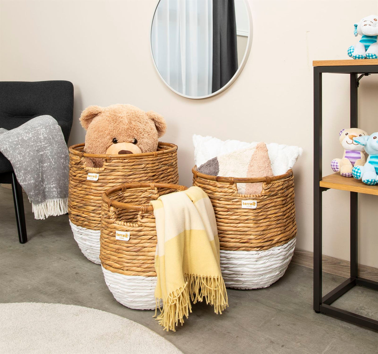 Terra Home Korbset 3 er Set Wasserhyazinthe Rattan Ø45/38,5/33,5 H45/40/35 weiß natur