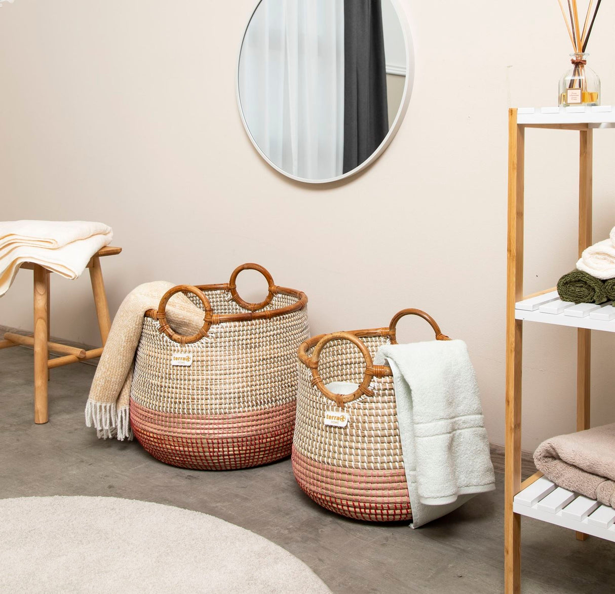 Terra Home Seegras Korbset Rattan Ø42 und Ø 34 rot weiß
