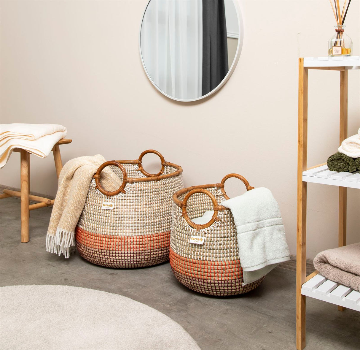 Terra Home Seegras Korbset Rattan Ø42 und Ø 34 rot orange weiß